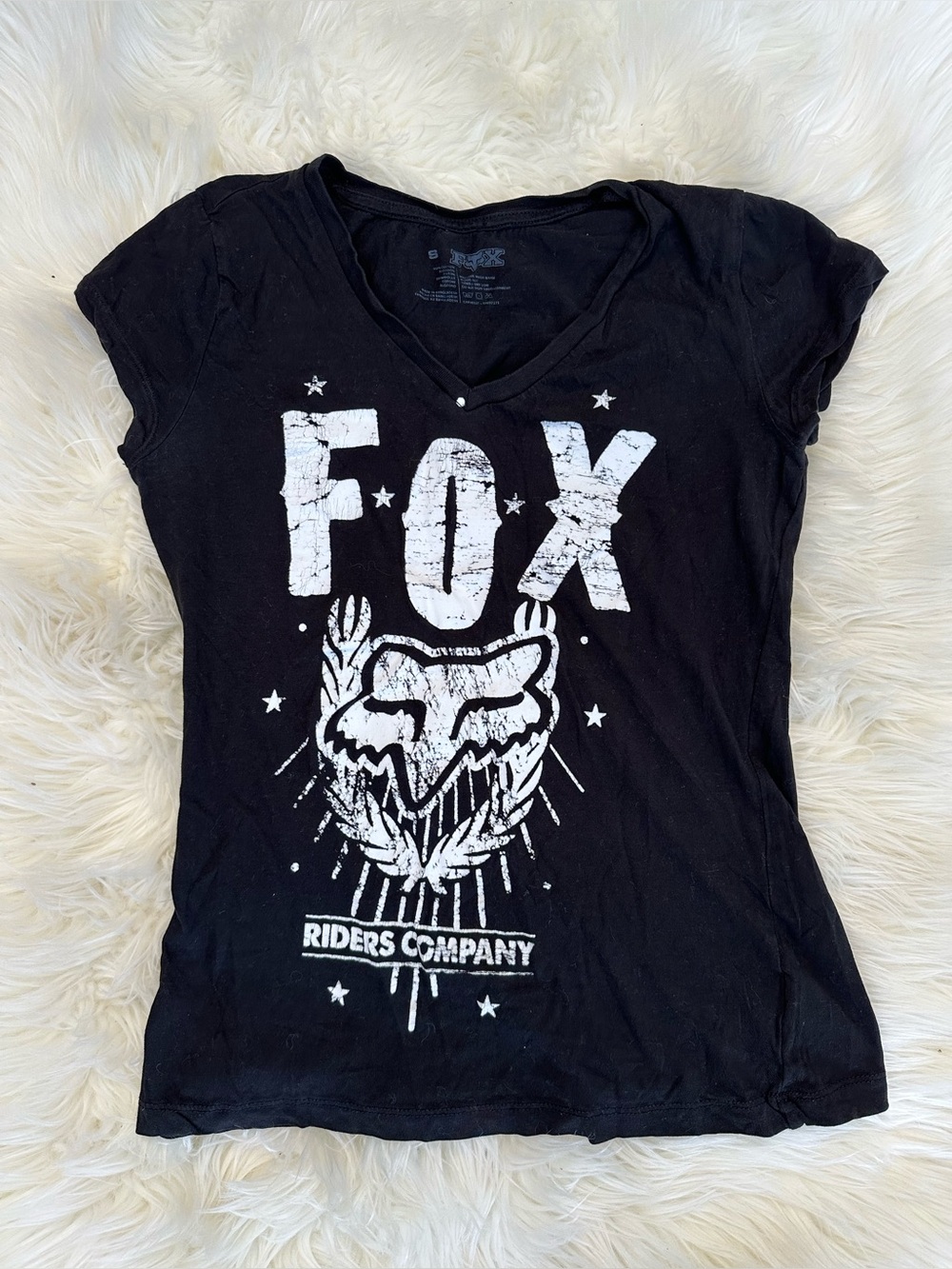 Fox Black V-Neck Graphic Tee with White Logo